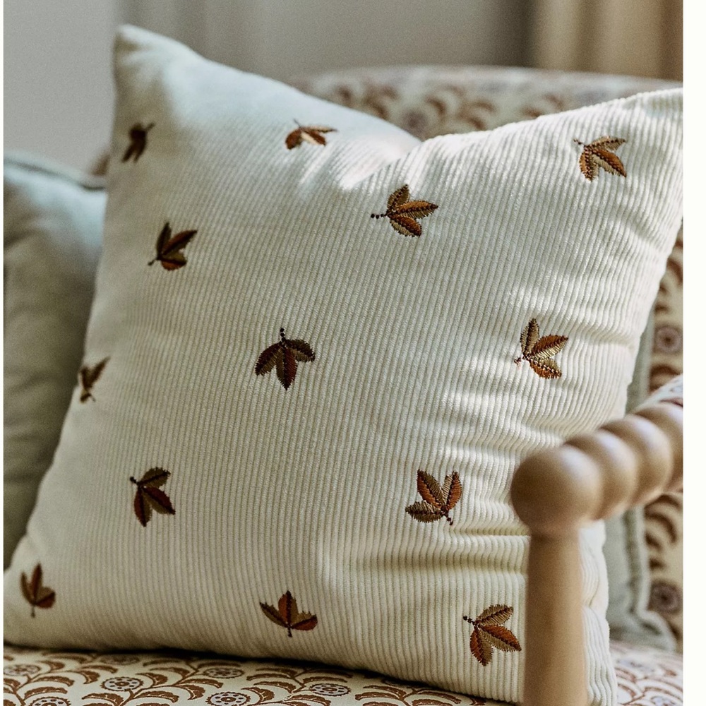 New Anthropologie Velvet Corduroy Embroidered Icon Pillow Leaves Fall 18”x18”